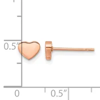 Rose gold heart-shaped stud earrings displayed next to a measurement ruler showing approximately 0.5 inches in height.