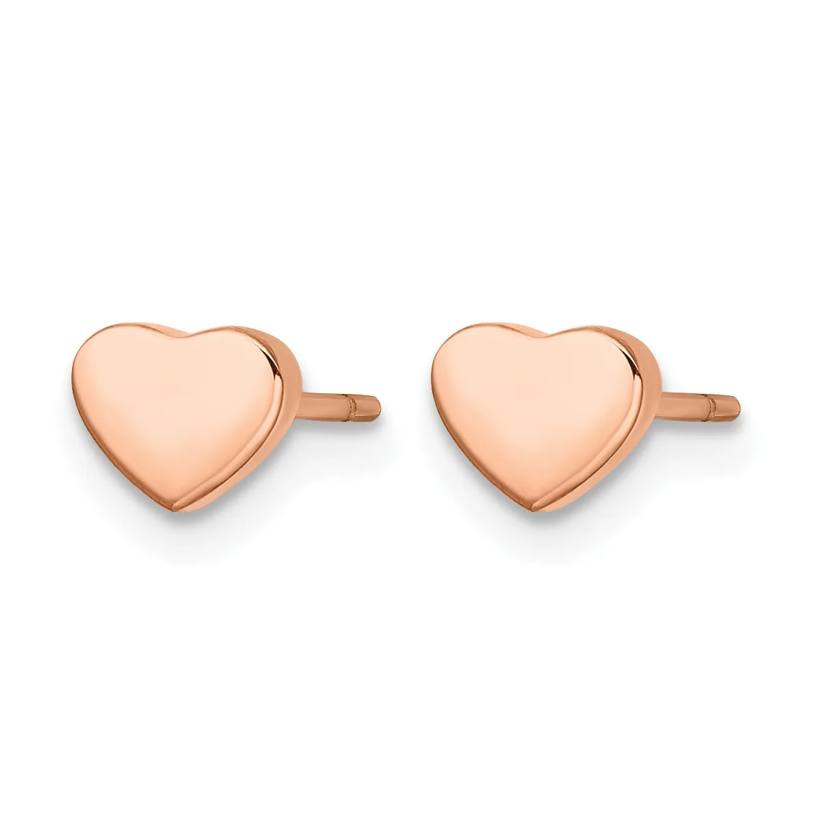 A pair of polished rose gold heart-shaped stud earrings with posts and backs, shown from the front against a white background.