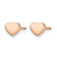 A pair of polished rose gold heart-shaped stud earrings with posts and backs, shown from the front against a white background.