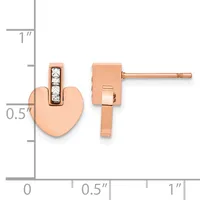 Rose gold heart-shaped stud earrings with square diamond accents, shown front and side view against a measurement scale.