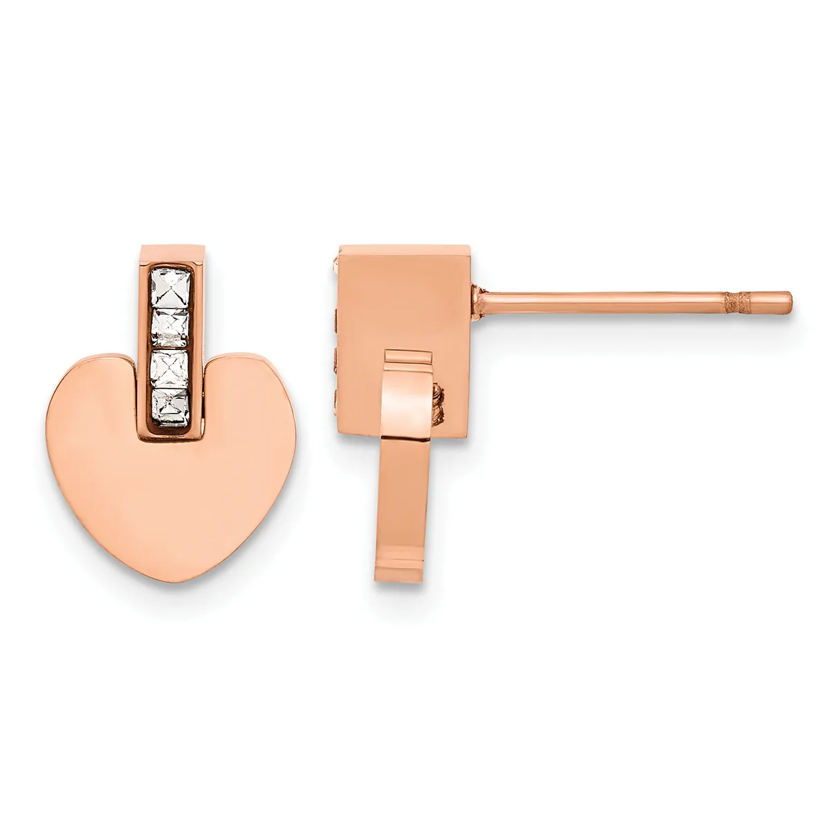 Rose gold heart-shaped stud earrings with diamond accents, shown from front and back views.