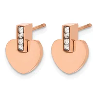 Pair of rose gold heart-shaped stud earrings with diamond accents on posts and backs.