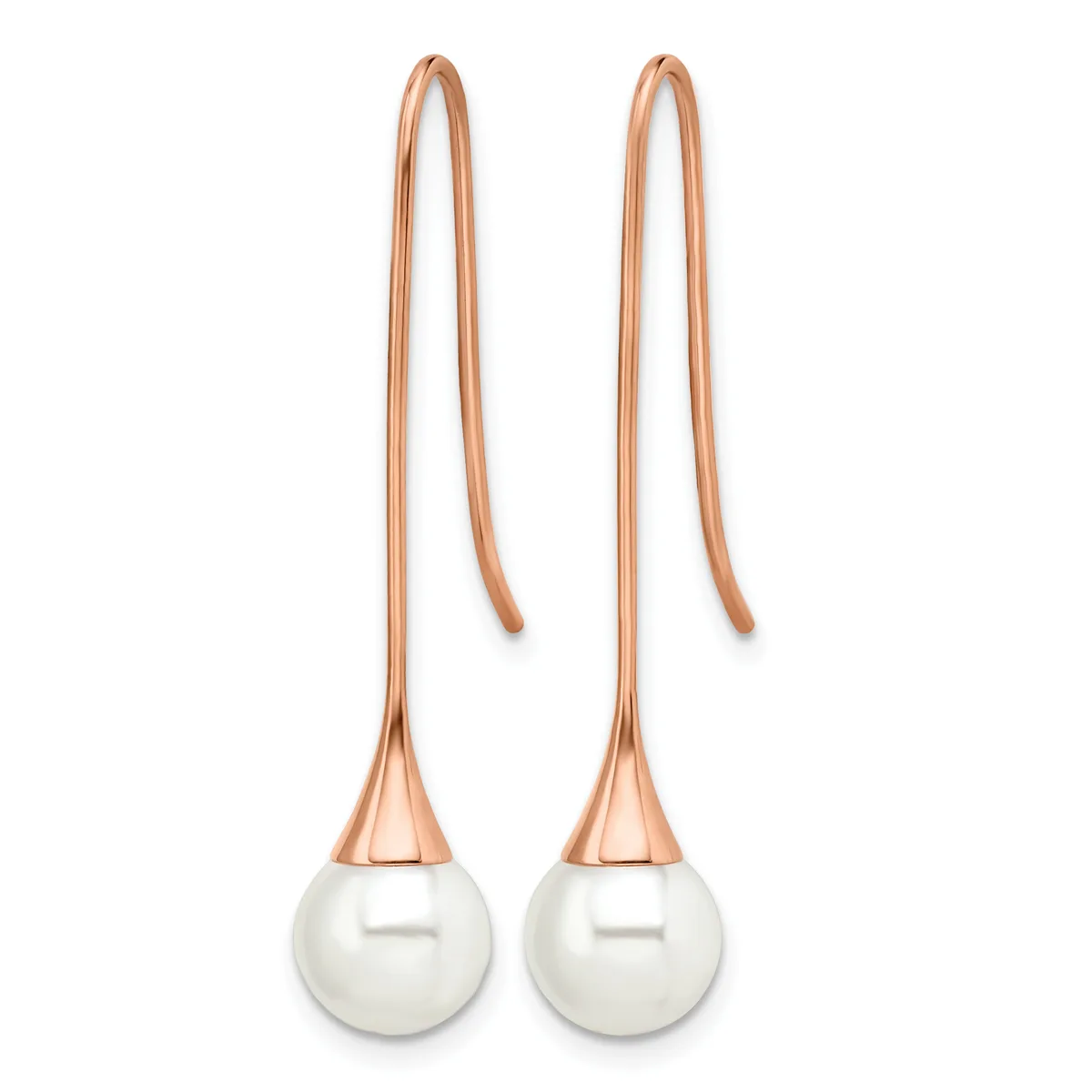 Pair of rose gold threader earrings with white pearl drops and long curved wires passing through the ear.