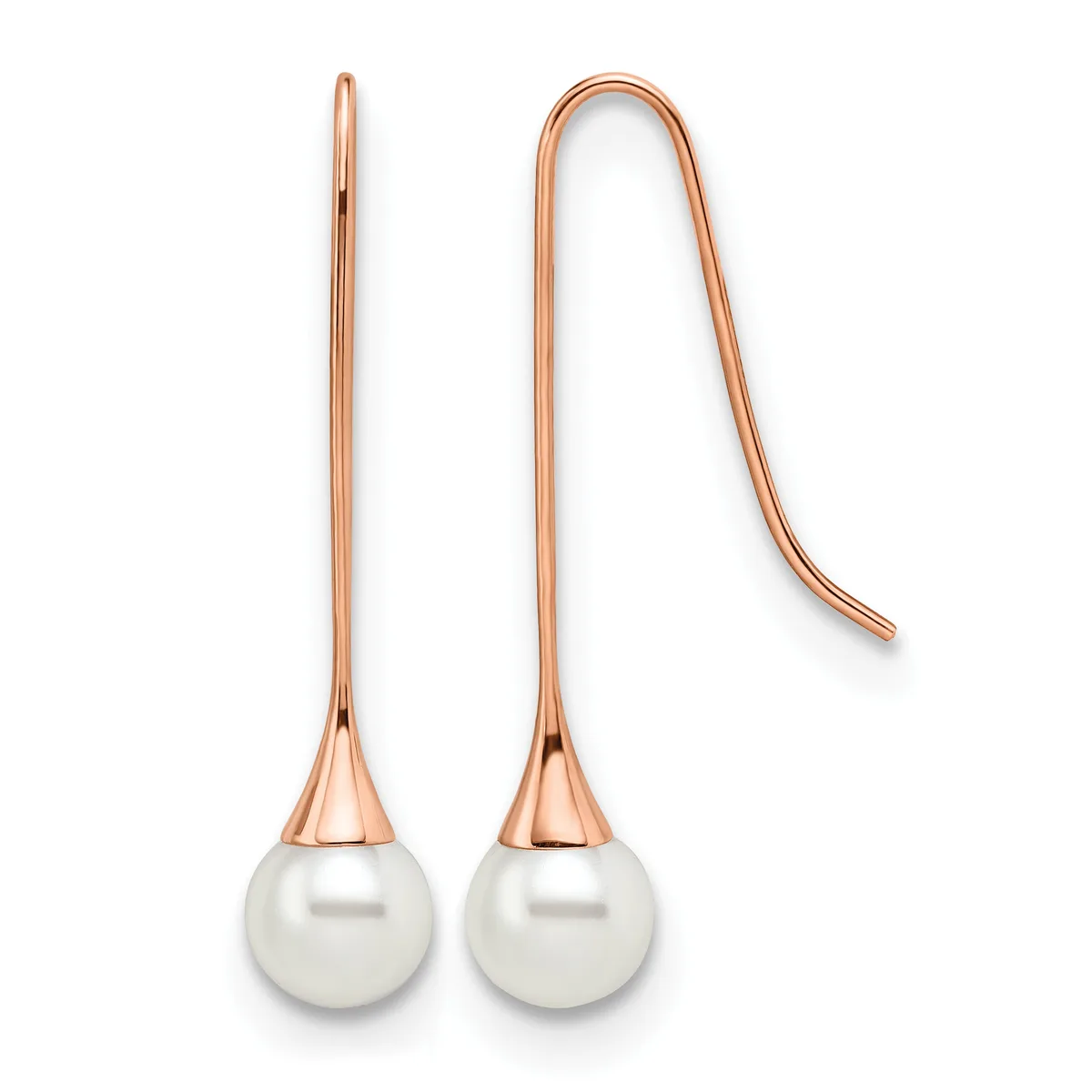 A pair of rose gold threader earrings with white pearl drops, shown from front and back views.