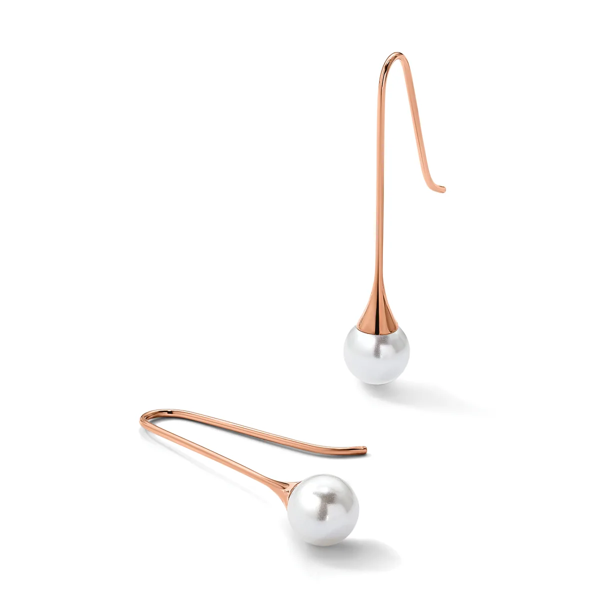 Two rose gold earrings with white pearl drops, one with a long curved hook and one with a shorter curved hook, displayed against a white background.