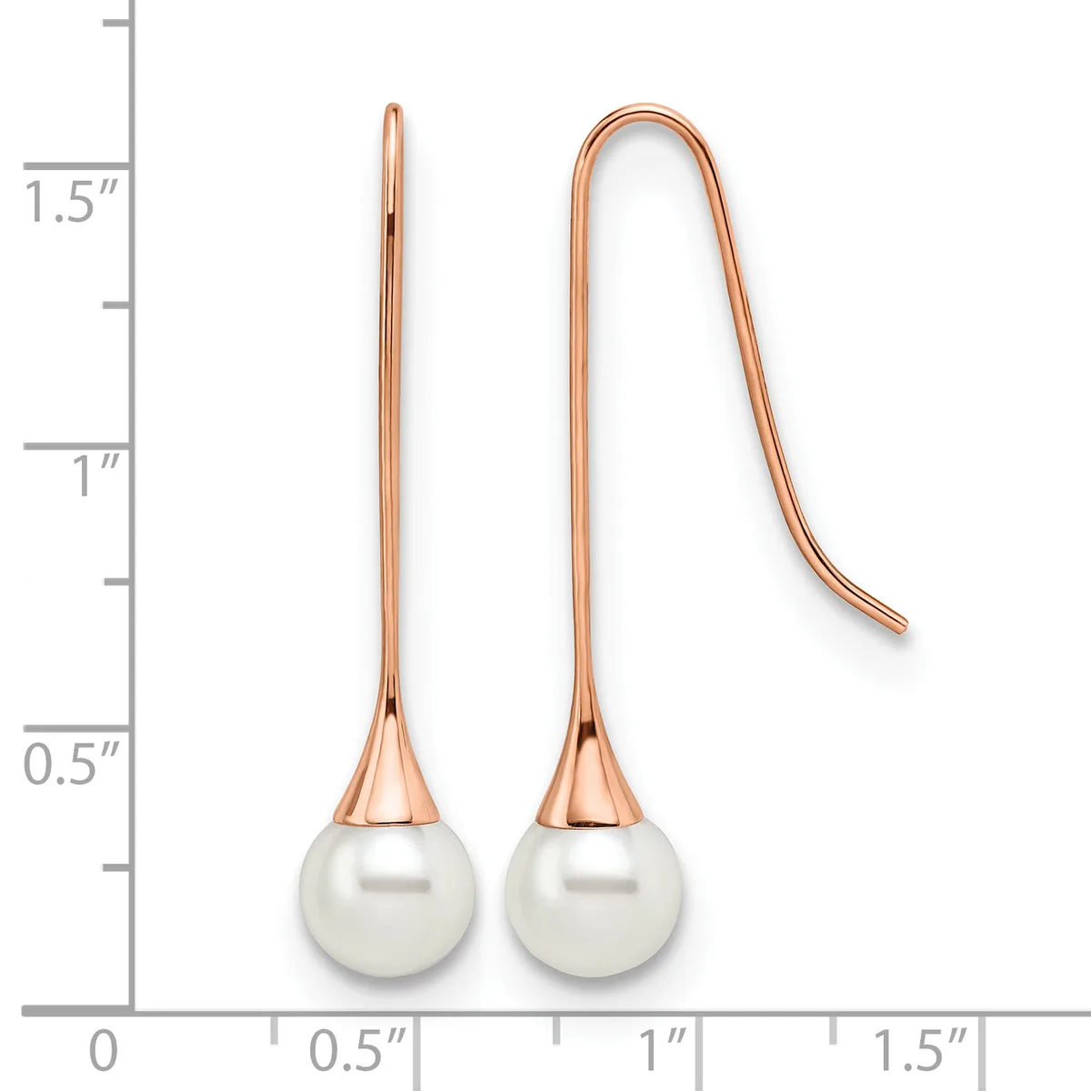 Two rose gold earrings with white pearl drops, shown next to a ruler indicating approximately 1.5 inches in length.