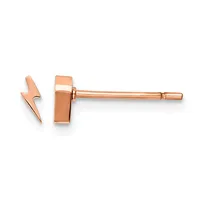 A pair of rose gold lightning bolt stud earrings displayed separately against a white background, showing the front design and post back.