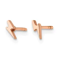 Pair of rose gold stud earrings shaped like lightning bolts, shown from front and back views.