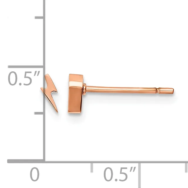A pair of rose gold stud earrings with lightning bolt designs shown next to a measurement scale indicating approximately 0.5 inches in height.