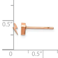 A pair of rose gold stud earrings with lightning bolt designs shown next to a measurement scale indicating approximately 0.5 inches in height.