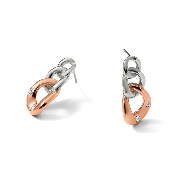 A pair of two-tone drop earrings featuring silver link chains at the top connected to rose gold curved charms set with small diamonds, shown from front and side angles.