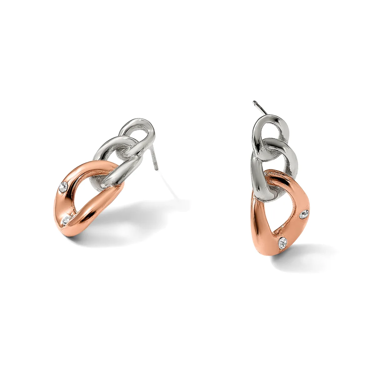 A pair of two-tone drop earrings featuring silver link chains at the top connected to rose gold curved charms set with small diamonds, shown from front and side angles.