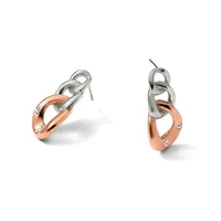 A pair of two-tone drop earrings featuring silver link chains at the top connected to rose gold curved charms set with small diamonds, shown from front and side angles.