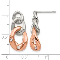 Two-tone silver and rose gold dangle earrings with interlocking oval links and small round cubic zirconia stones, shown with measurement scale.