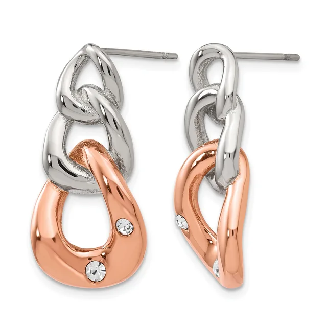Pair of two-tone drop earrings with silver and rose gold interlocking teardrop links, each featuring two small round white stones on the rose gold section, shown from front and back views.