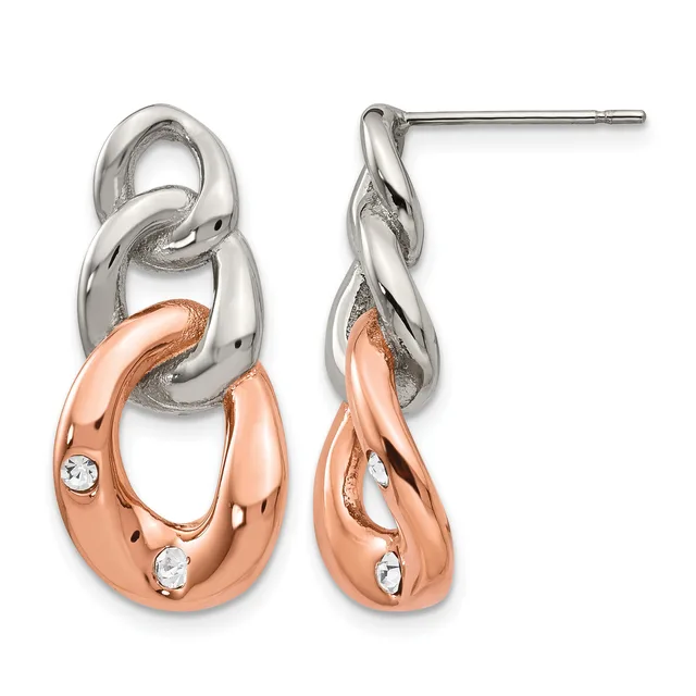 Pair of two-tone drop earrings featuring silver and rose gold interlocking ovals with small round cubic zirconia accents, shown from front and side views.