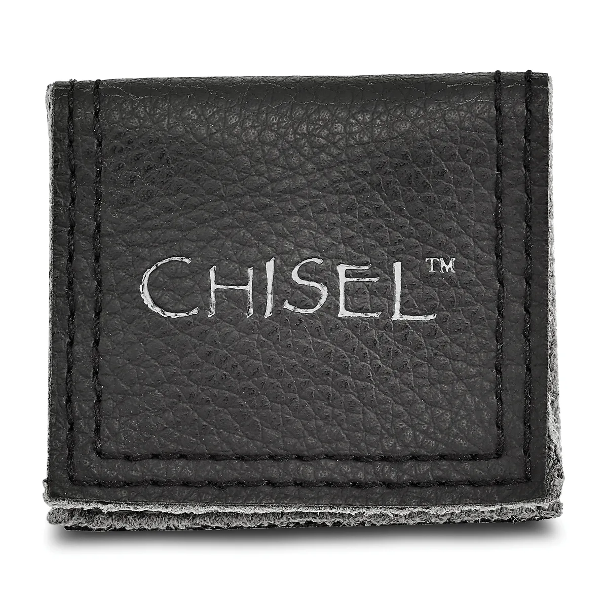 A black leather jewelry box with stitched edges and a textured exterior, shown closed from above against a white background.