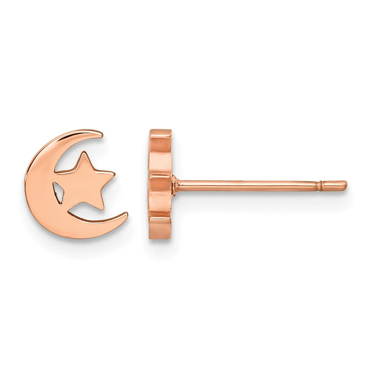 Pair of rose gold stud earrings featuring a crescent moon and star cutout design, shown from front and back views.