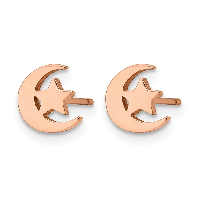 A pair of rose gold stud earrings shaped like crescents with stars, shown from the front against a white background.