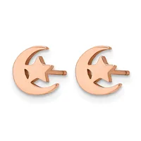 A pair of rose gold stud earrings shaped like crescents with stars, shown from the front against a white background.