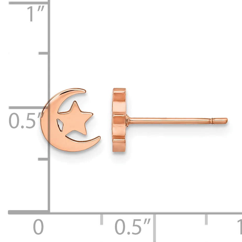 Rose gold crescent moon and star stud earrings displayed on a measurement scale showing approximately 0.5 inches in height.