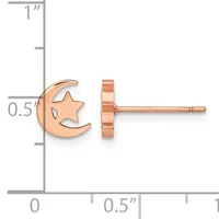 Rose gold crescent moon and star stud earrings displayed on a measurement scale showing approximately 0.5 inches in height.