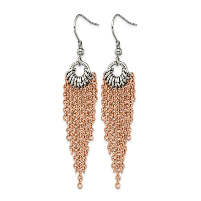 A pair of dangle earrings with silver-toned fish hook wires attached to ornamental silver caps, from which rose gold-colored chain fringe hangs down.