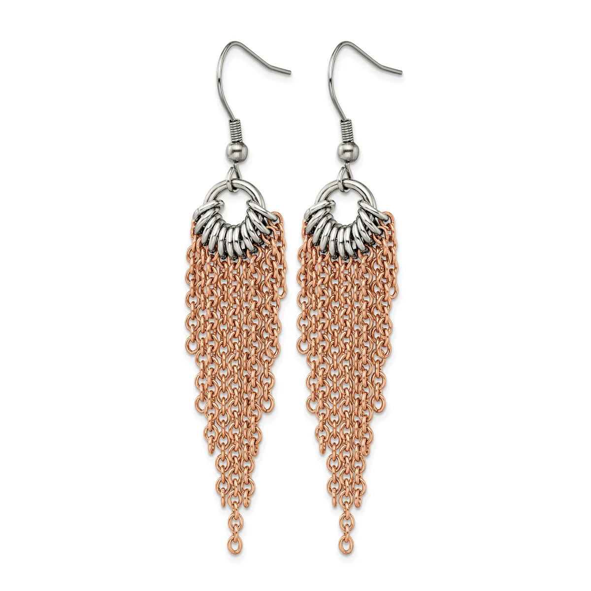 A pair of dangle earrings with silver-toned fish hook wires attached to ornamental silver caps, from which rose gold-colored chain fringe hangs down.