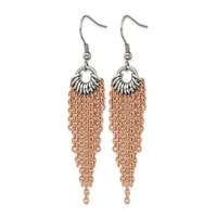 A pair of dangle earrings with silver-toned fish hook wires attached to ornamental silver caps, from which rose gold-colored chain fringe hangs down.