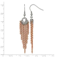 A pair of copper-tone chain tassel earrings with silver-tone findings and ear wires, displayed against a measurement ruler showing approximately three inches in length.
