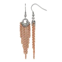 Pair of dangling earrings with silver-tone ear wires and decorative caps attached to strands of rose gold-colored chain fringe.