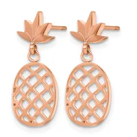 Pair of rose gold pineapple-shaped earrings with leaf-textured tops and openwork lattice oval drops on posts.