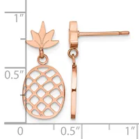 Rose gold pineapple stud earrings with leaf-shaped tops and openwork oval fruit bodies, shown front and side view against a measurement scale.