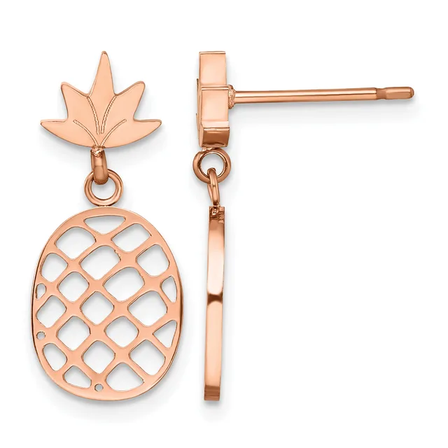 Rose gold pineapple drop earrings with leaf-shaped tops and hollow oval fruit bodies, shown from front and side views.