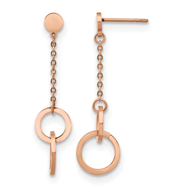 Rose gold dangle earrings with a small disc at the top, a delicate chain, and a circular ring pendant with a bar accent suspended below.