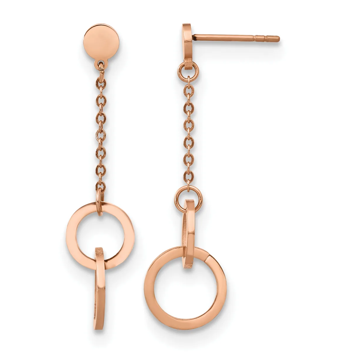 Rose gold dangle earrings with a small disc at the top, a delicate chain, and a circular ring pendant with a bar accent suspended below.