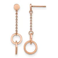 Rose gold dangle earrings with a small disc at the top, a delicate chain, and a circular ring pendant with a bar accent suspended below.