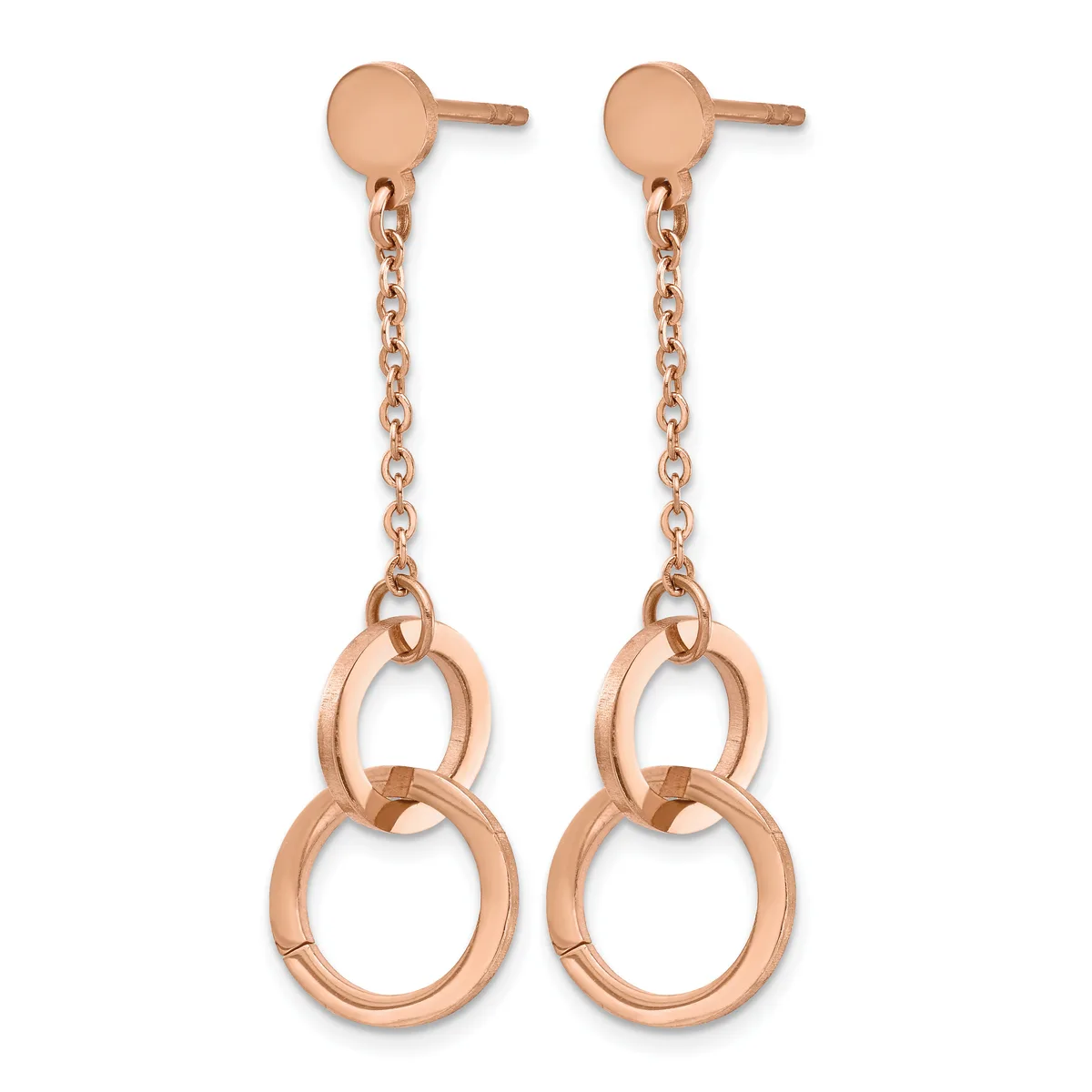 Pair of rose gold drop earrings with a small disc post at the top connected by a chain to two interlocking circular rings below.