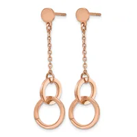 Pair of rose gold drop earrings with a small disc post at the top connected by a chain to two interlocking circular rings below.