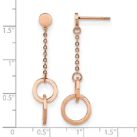 Rose gold earrings with a small disc post at top, delicate chain links, and a circular ring pendant, shown against a measurement scale indicating approximately 1.5 inches in length.