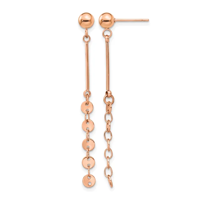 Pair of rose gold drop earrings with ball studs at top, connected to long bars with small dangling spheres on one side and chain links on the other.