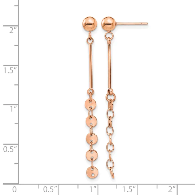 Pair of rose gold earrings with ball studs at top and dangling chains with small spheres, displayed against a measurement scale showing approximately two inches in length.