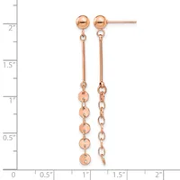 Pair of rose gold earrings with ball studs at top and dangling chains with small spheres, displayed against a measurement scale showing approximately two inches in length.