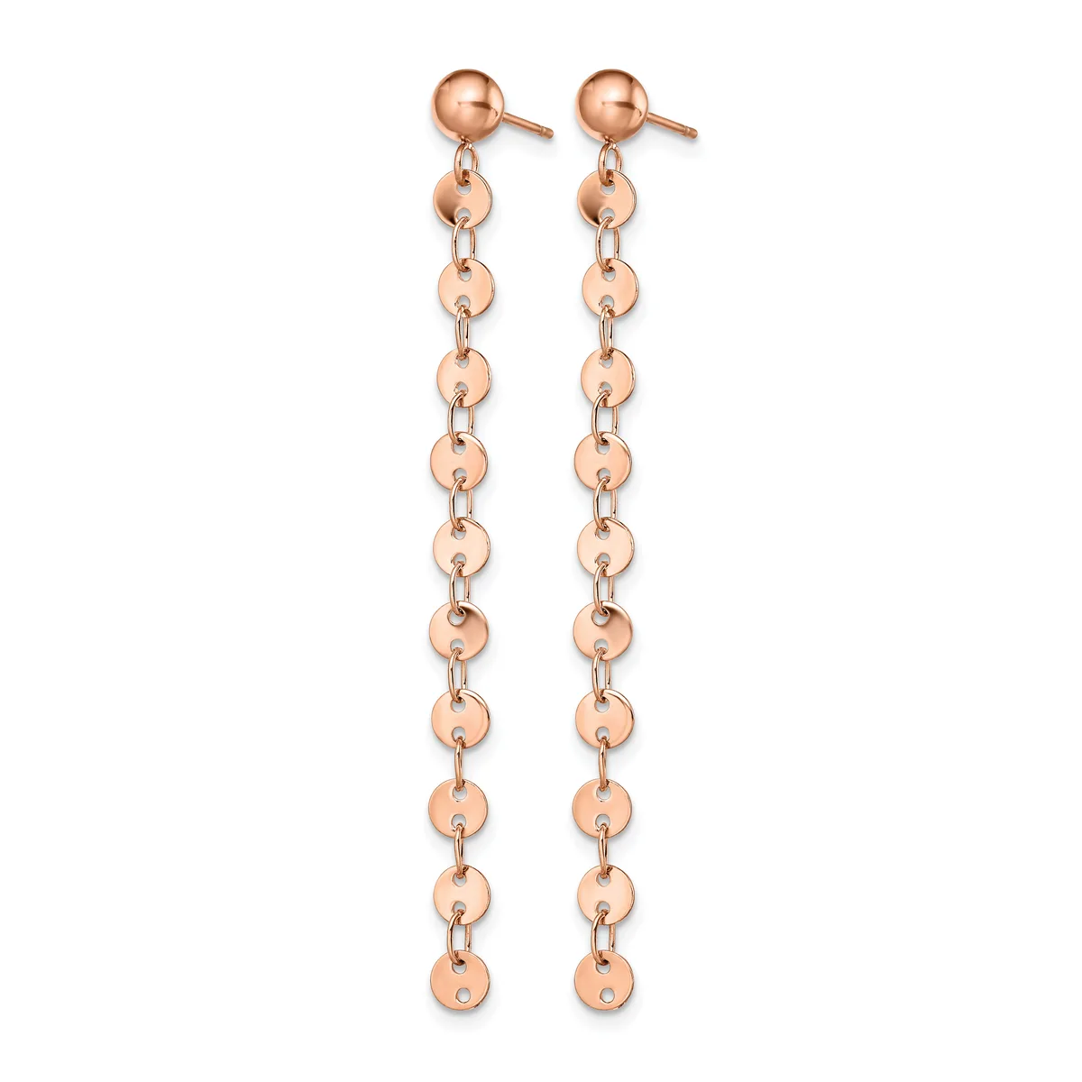 Pair of rose gold ball bead dangle earrings with stud posts, featuring long chains of graduated spheres connected by links.