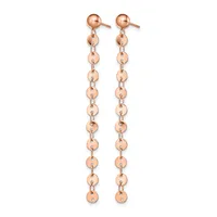 Pair of rose gold ball bead dangle earrings with stud posts, featuring long chains of graduated spheres connected by links.