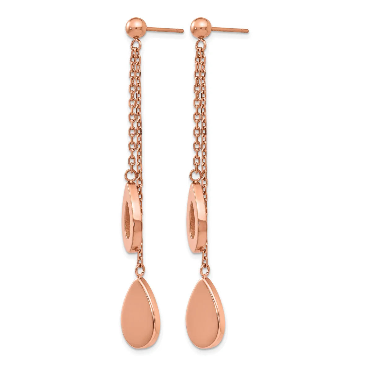 Pair of rose gold drop earrings with ball studs, delicate chain links, and teardrop pendants hanging below.