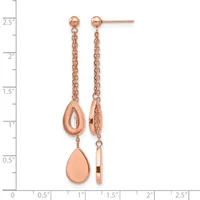 Rose gold teardrop dangle earrings with chain links and polished teardrop pendants, displayed on a measurement scale showing approximately 2.5 inches in length.