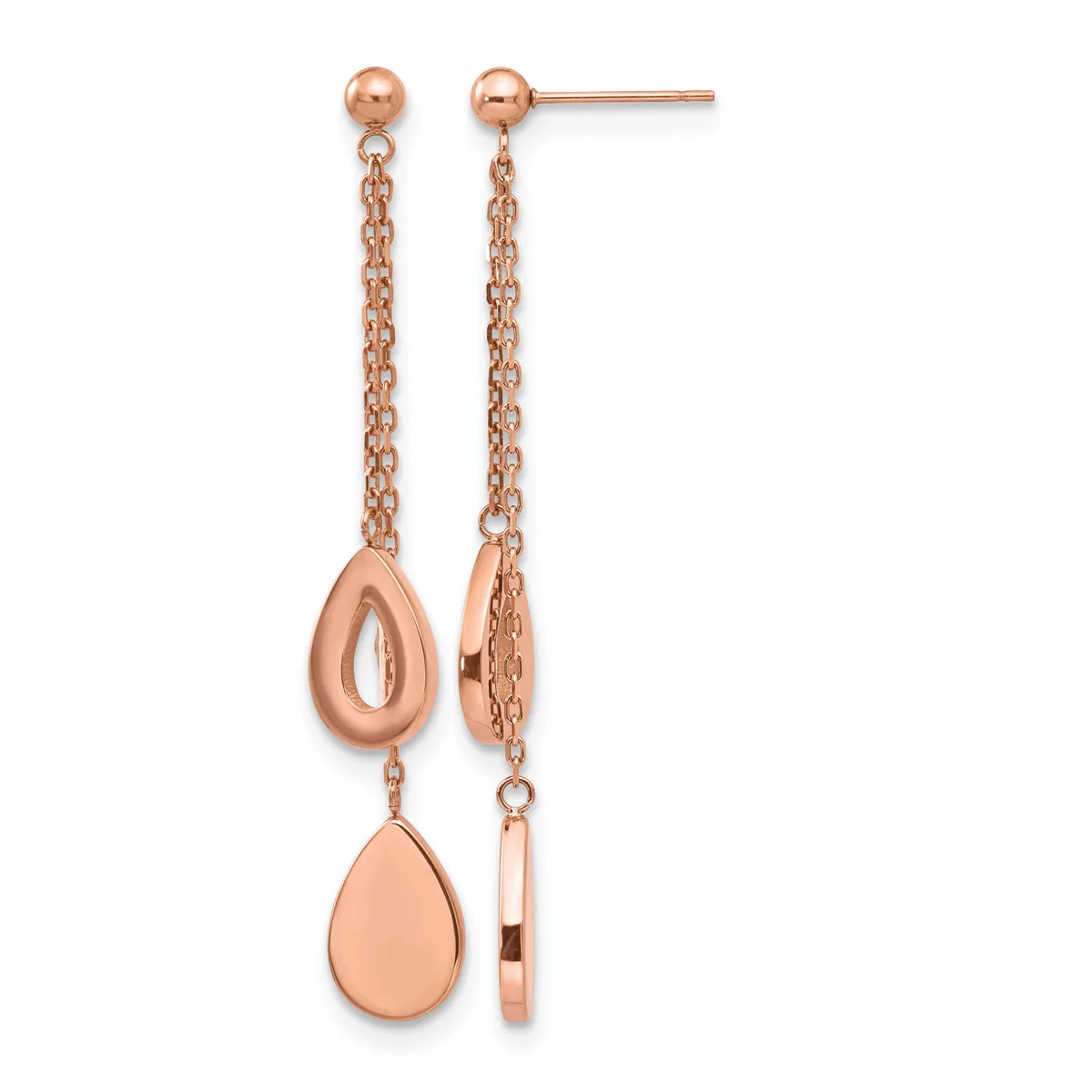 Pair of rose gold drop earrings with ball studs, delicate chain links, open teardrop shapes, and solid teardrop pendants hanging below.