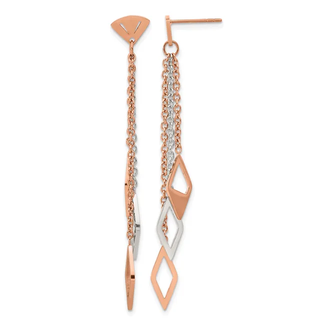Pair of two-tone rose and white gold drop earrings with geometric diamond-shaped charms hanging from delicate chain links on post and stud backs.