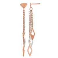 Pair of two-tone rose and white gold drop earrings with geometric diamond-shaped charms hanging from delicate chain links on post and stud backs.